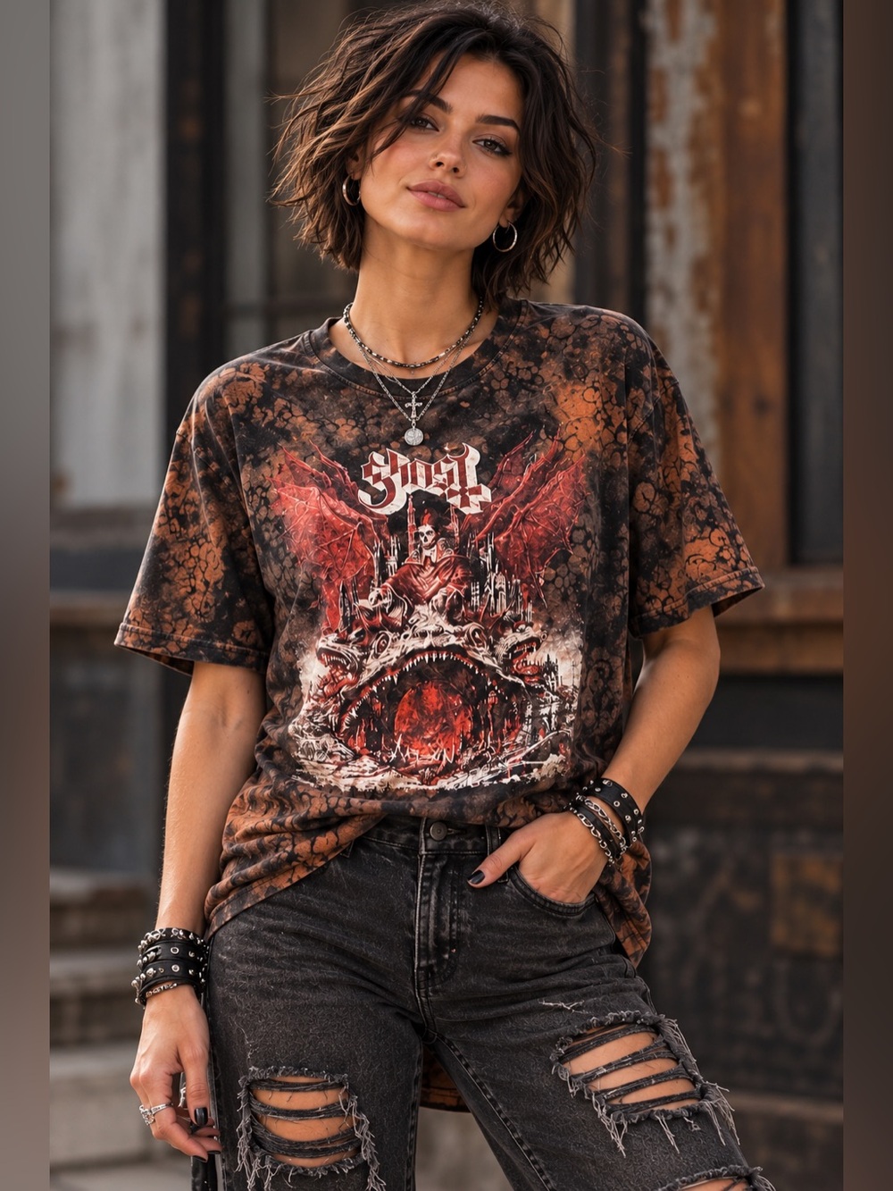Ghost Band Tee Medium Upcycled Lace Bleach Dyed OOAK Graphic T-Shirt